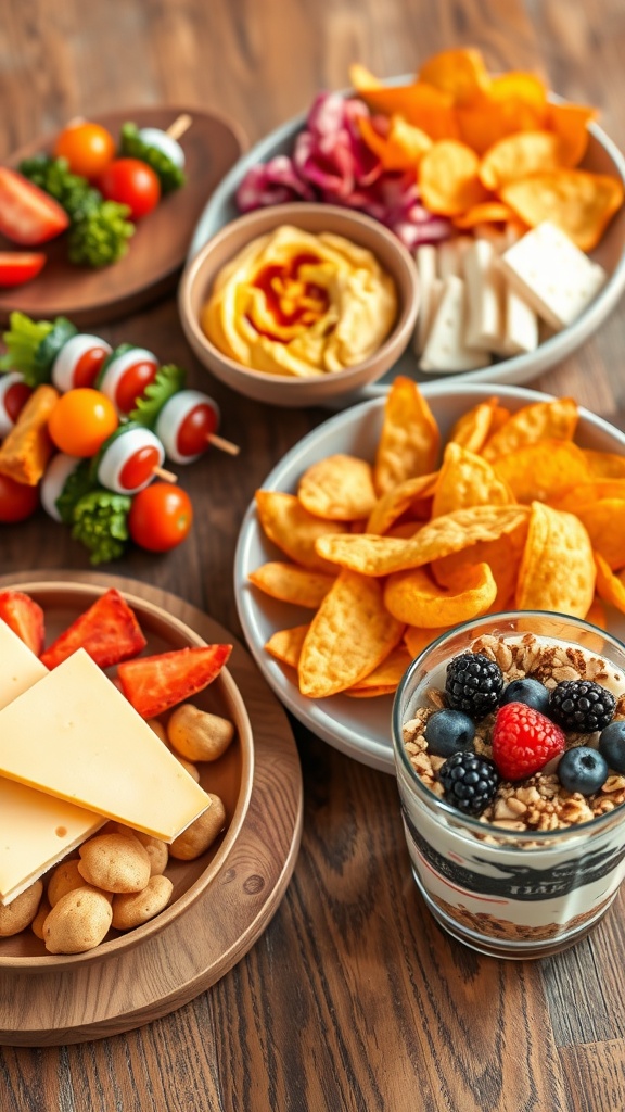 An inviting spread of assorted snack recipes including Caprese skewers, hummus with veggies, cheese platter, sweet potato chips, and yogurt parfait.